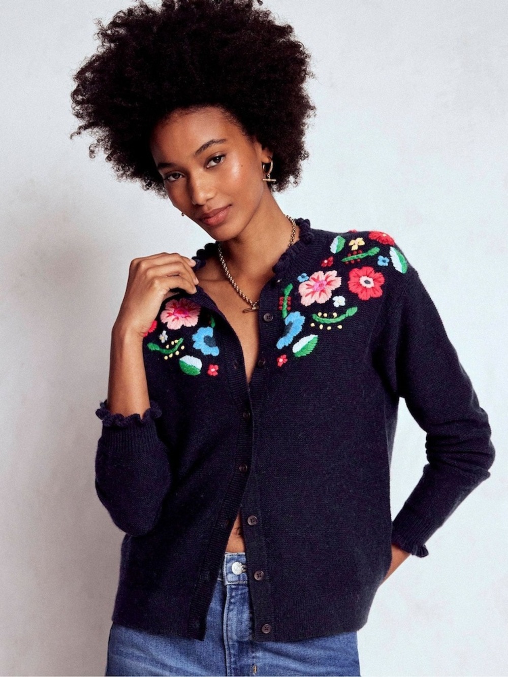 NWT Boden Blue Tall Embroidered Frill Cardigan Size Small